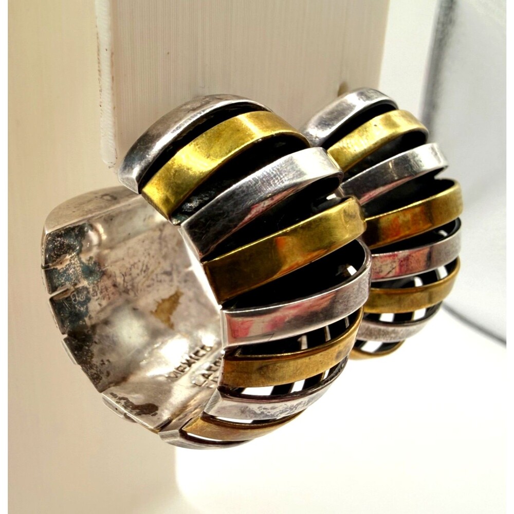 LATON 925 Sterling Silver Brass 2-Tone Modernist Vintage Hoop Earrings Mexico 28